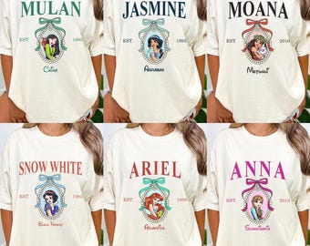 Camiseta de princesa de Disney con lazo coqueto, camiseta de viaje para niñas de Disneyland con Blancanieves, Mulan, Moana, Ariel, princesa de Disney, camiseta de cumpleaños de princesa para niña