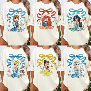 Coquette Bow Disney Princess Cinderella Belle Snow White Rapunzel Tiana WDW Disneyland Girls Trip Shirt, Birthday Girl Tee
