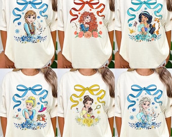 Koszulka Coquette Bow Disney Princess, Kopciuszek Belle Królewna Śnieżka Roszpunka Tiana WDW Disneyland Girls Trip Shirt, Koszulka Princess Birthday Girl