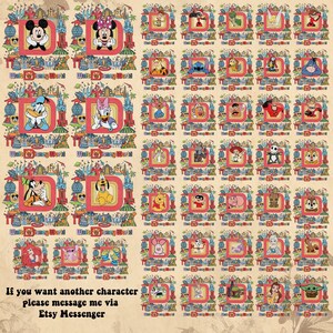 Puede incluir: Un dise&ntilde;o estampado con varios personajes de Disney dentro de marcos con la letra "D". El fondo incluye las palabras "Walt Disney World". La imagen tambi&eacute;n incluye el texto: "If you want another character please message me via Etsy Messenger."