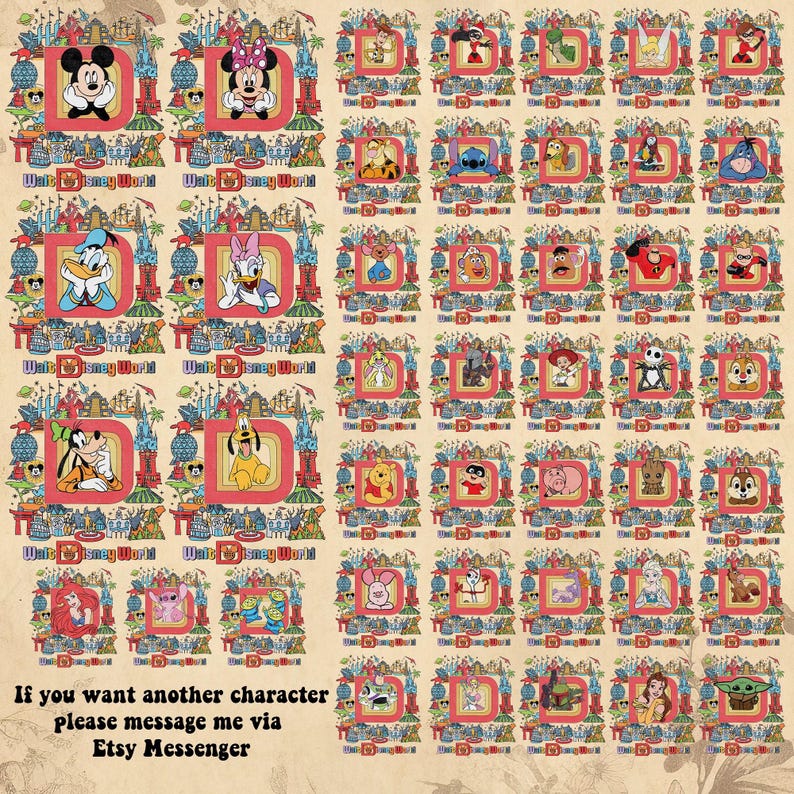 Puede incluir: Un dise&ntilde;o estampado con varios personajes de Disney dentro de marcos con la letra "D". El fondo incluye las palabras "Walt Disney World". La imagen tambi&eacute;n incluye el texto: "If you want another character please message me via Etsy Messenger."