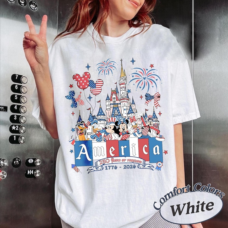 Mickey and Friends Patriotic Disney 4th of July Boxy Tee TShirt, WDW Disney Family 250th Anniversary America, Red White and Blue USA Tee White