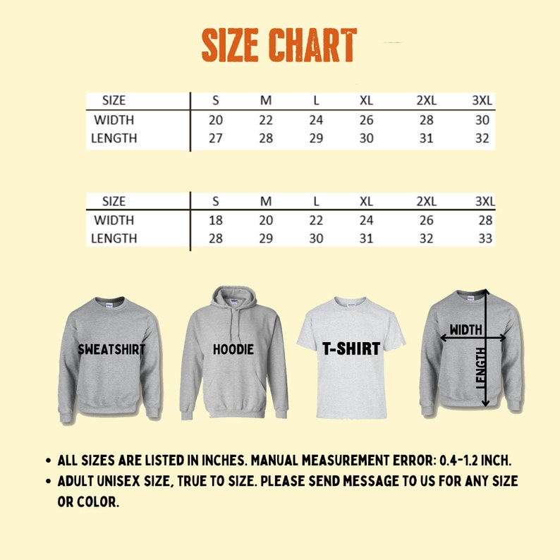May include: A size chart for sweatshirts, hoodies, and t-shirts, with measurements in inches. The chart includes width and length dimensions for sizes S through 3XL. Text at the bottom states all sizes are listed in inches and are adult unisex.