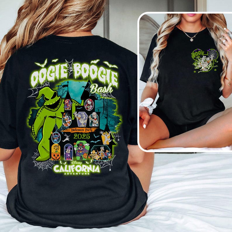 May include: Black t-shirt featuring a green Oogie Boogie character design with the text "Oogie Boogie Bash" and "Halloween Party 2025" on the back. The front of the shirt has a smaller design with the word "BOO" and a skeleton.