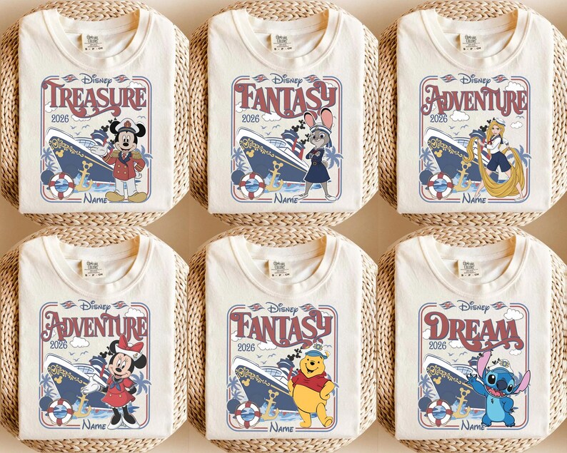 May include: Six off-white t-shirts with Disney cruise-themed designs. Each shirt features a different character and the words "TREASURE", "FANTASY", "ADVENTURE", and "DREAM" with the year "2026". The designs include Mickey Mouse, Judy Hopps, Rapunzel, Minnie Mouse, Winnie the Pooh, and Stitch.