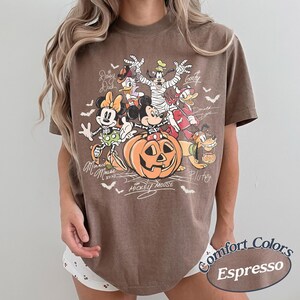 May include: A brown short-sleeve t-shirt featuring a graphic print of Disney characters in Halloween costumes, including Mickey Mouse, Minnie Mouse, Goofy, Donald Duck, Daisy Duck, and Pluto, with a large jack-o'-lantern and bats.