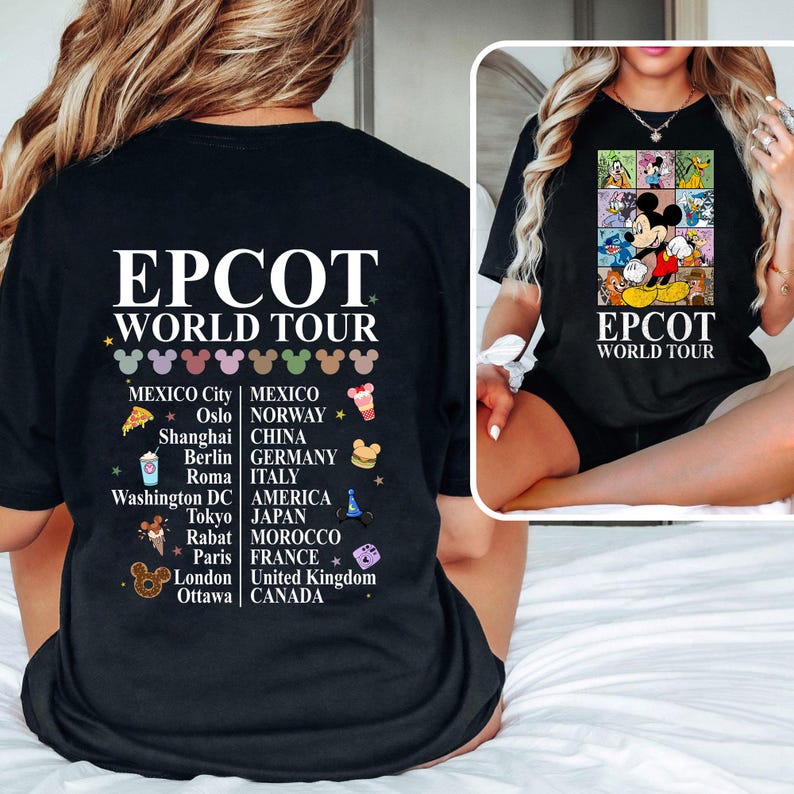 Pode incluir: Camiseta preta com um gr&aacute;fico branco do Mickey Mouse e o texto "EPCOT WORLD TOUR". O gr&aacute;fico inclui &iacute;cones que representam diferentes pa&iacute;ses e cidades ao redor do mundo.