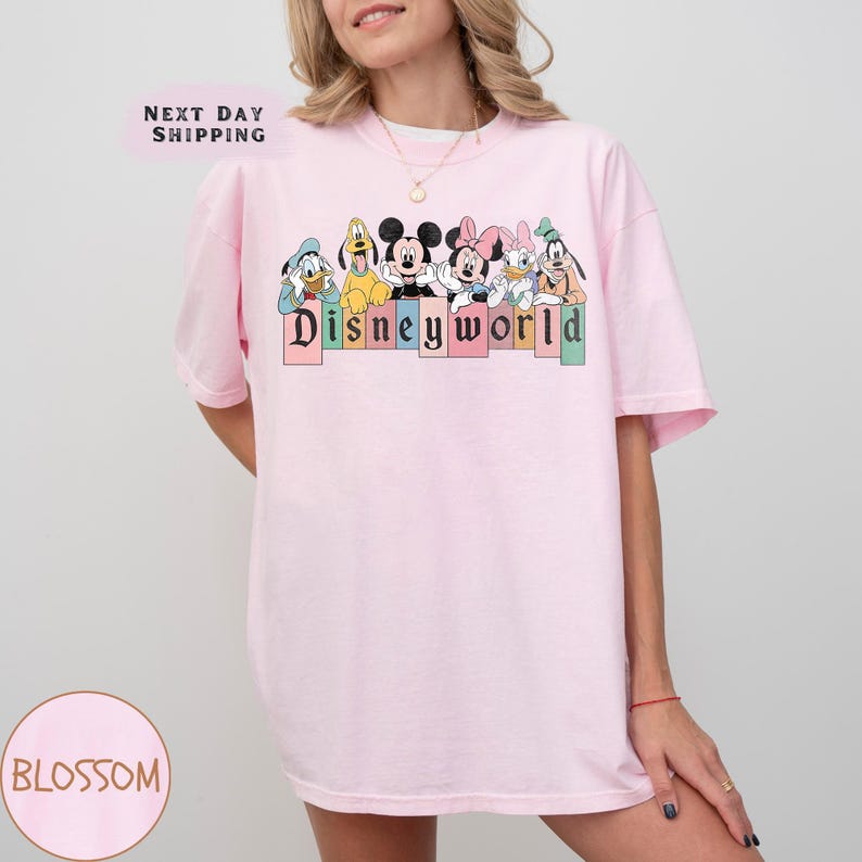 Pode incluir: Camiseta rosa com um gr&aacute;fico de Mickey Mouse e seus amigos na frente de um sinal colorido "Disneyworld".
