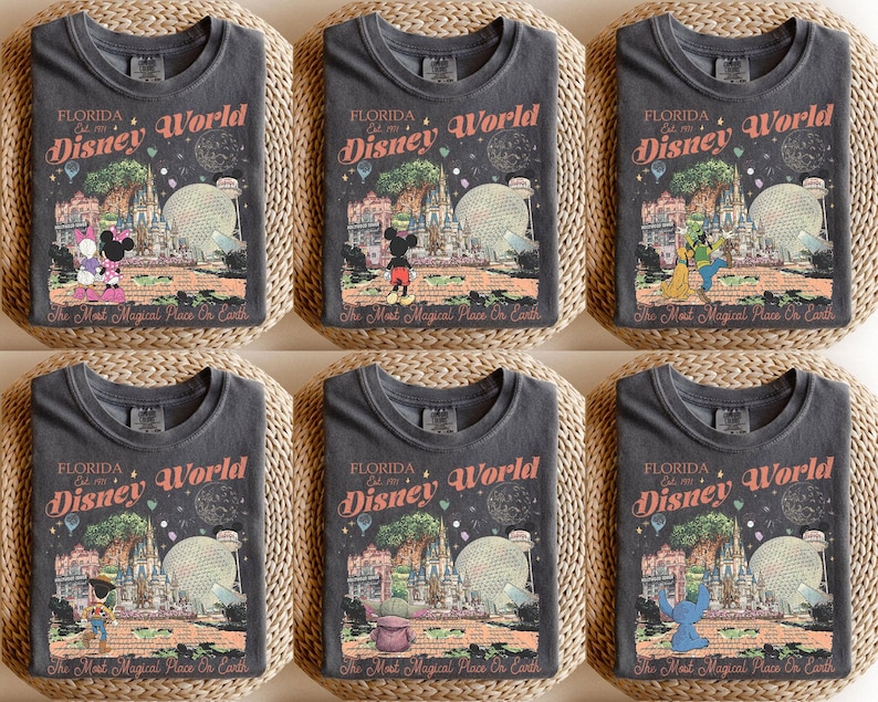 May include: Six dark gray t-shirts with a vintage-style Disney World graphic. Each shirt features a different Disney character, including Mickey, Minnie, Goofy, and Stitch, with the text "Florida Disney World" and "The Most Magical Place on Earth."
