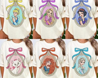 Camiseta de princesa de Disney con lazo coqueto, Cenicienta, Bella, Blancanieves, Rapunzel, Tiana, camiseta de viaje para niñas de WDW Disneyland, camiseta de cumpleaños de princesa para niña