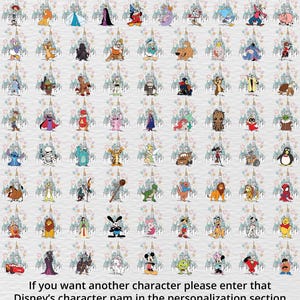 K&ouml;nnte beinhalten: Eine Ansammlung von Disney-Charakter-Illustrationen, jeweils vor dem Hintergrund eines Schlosses. Zu den Charakteren geh&ouml;ren Micky Maus, Minnie Maus und viele andere. Der Text unten lautet: "If you want another character please enter that Disney's character nam in the personalization section."