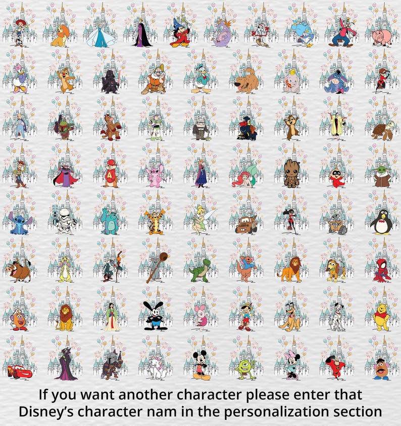 K&ouml;nnte beinhalten: Eine Ansammlung von Disney-Charakter-Illustrationen, jeweils vor dem Hintergrund eines Schlosses. Zu den Charakteren geh&ouml;ren Micky Maus, Minnie Maus und viele andere. Der Text unten lautet: "If you want another character please enter that Disney's character nam in the personalization section."