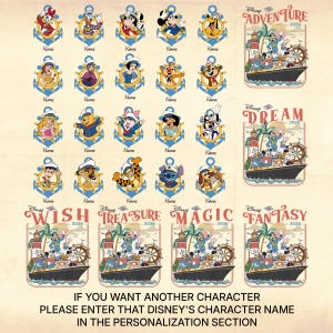 Puede incluir: Una colecci&oacute;n de dise&ntilde;os de personajes de Disney, cada uno dentro de un marco de ancla azul, con la palabra "Name" debajo. Tambi&eacute;n, im&aacute;genes de cruceros de Disney con texto que dice "Adventure", "Dream", "Wish", "Treasure", "Magic" y "Fantasy" con el a&ntilde;o 2026. El texto en la parte inferior dice "IF YOU WANT ANOTHER CHARACTER PLEASE ENTER THAT DISNEY'S CHARACTER NAME IN THE PERSONALIZATION SECTION."