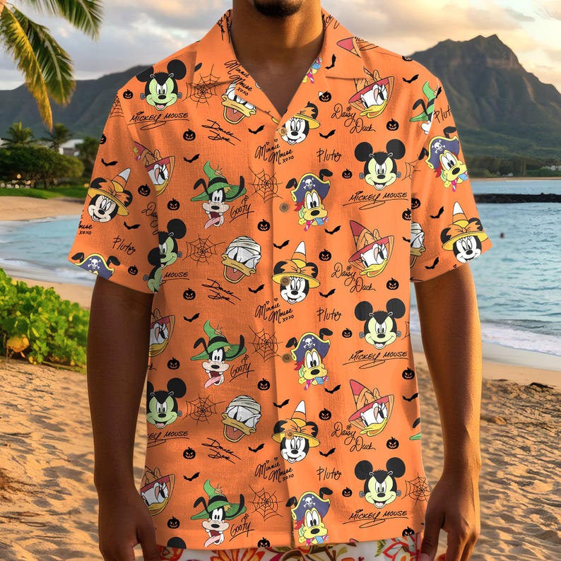 Vintage Mickey & Friends Signatures Halloween Hawaiiskjorta, Musse Piggs Inte Så Läskiga Halloween Hawaiiskjorta, Sommar Disneylandskjorta bild 6