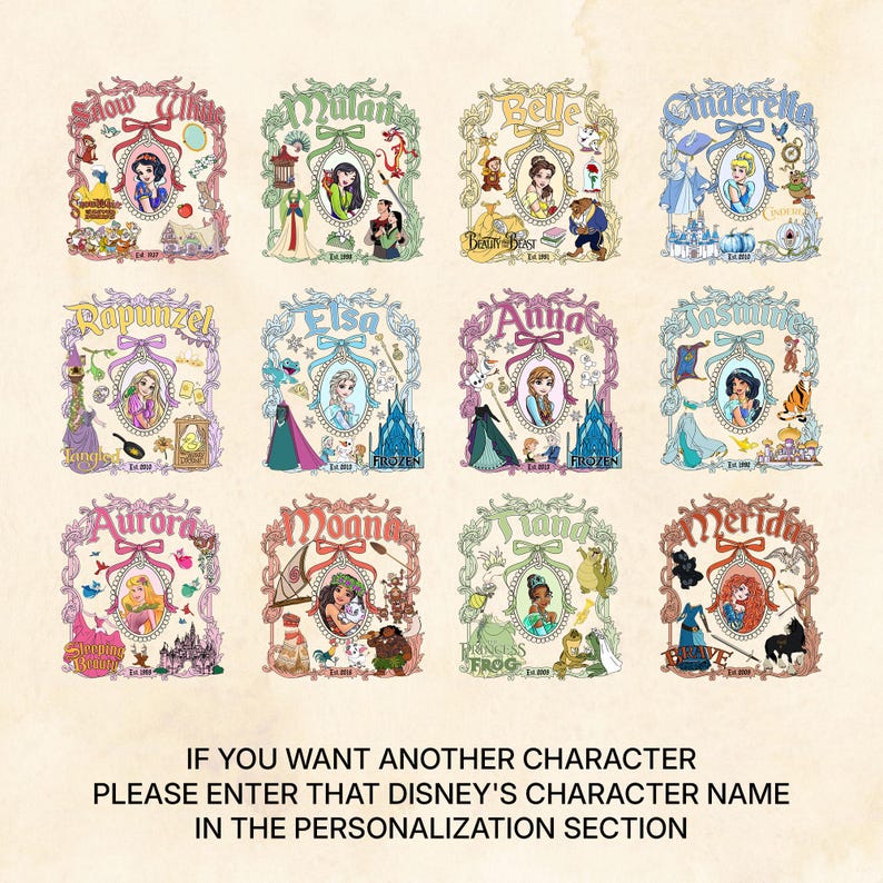 Puede incluir: Un collage de 12 ilustraciones enmarcadas de princesas Disney, cada una con su nombre y t&iacute;tulo de la pel&iacute;cula. Las princesas incluyen Blancanieves, Mulan, Bella, Cenicienta, Rapunzel, Elsa, Anna, Jasmine, Aurora, Moana, Tiana y M&eacute;rida.