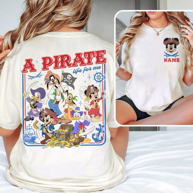 Custom 2-sided Mickey and Friends Disney Pirate Unisex Adult Kid Shirt Sand/Ivory/Natural