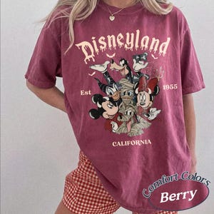 May include: A berry-colored short-sleeve t-shirt featuring a graphic of Disney characters including Mickey Mouse, Minnie Mouse, Donald Duck, and Goofy in costumes. The text reads Disneyland, Est 1955, and California. The shirt has a vintage wash.