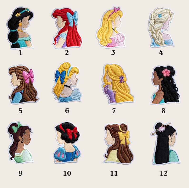 May include: Twelve embroidered patches depicting animated princess characters in profile. Each patch features a different princess with unique hairstyles, outfits, and accessories, such as bows, tiaras, and floral details. The patches are outlined in black.