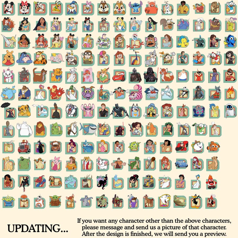 Puede incluir: Una cuadr&iacute;cula de im&aacute;genes de personajes de Disney, cada una en un marco cuadrado con un borde verde claro. Los personajes incluyen Mickey Mouse, Minnie Mouse, Donald Duck y muchos otros. El texto "UPDATING..." y un mensaje sobre solicitudes personalizadas est&aacute;n en la parte inferior.