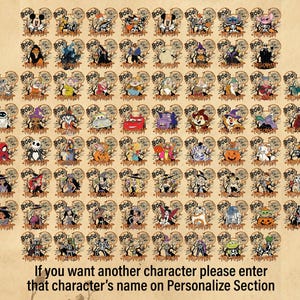 Pode incluir: Uma cole&ccedil;&atilde;o de designs de personagens com tema de Halloween, cada um com uma silhueta de orelha do Mickey Mouse com um fundo assustador. Os designs incluem v&aacute;rios personagens, cada um com texto "BOO!" e "HALLOWEEN". O texto na parte inferior diz: "Se voc&ecirc; quiser outro personagem, digite o nome desse personagem na se&ccedil;&atilde;o Personalizar."