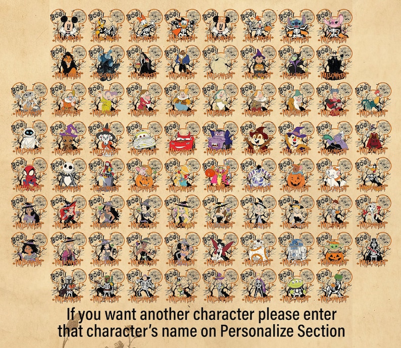 Pode incluir: Uma cole&ccedil;&atilde;o de designs de personagens com tema de Halloween, cada um com uma silhueta de orelha do Mickey Mouse com um fundo assustador. Os designs incluem v&aacute;rios personagens, cada um com texto "BOO!" e "HALLOWEEN". O texto na parte inferior diz: "Se voc&ecirc; quiser outro personagem, digite o nome desse personagem na se&ccedil;&atilde;o Personalizar."