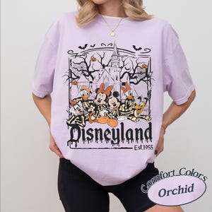 May include: Orchid-colored t-shirt featuring a Halloween-themed Disneyland graphic. The design includes cartoon characters in skeleton costumes, a haunted castle, bats, and the text "Disneyland Est. 1955". The shirt is a Comfort Colors brand.