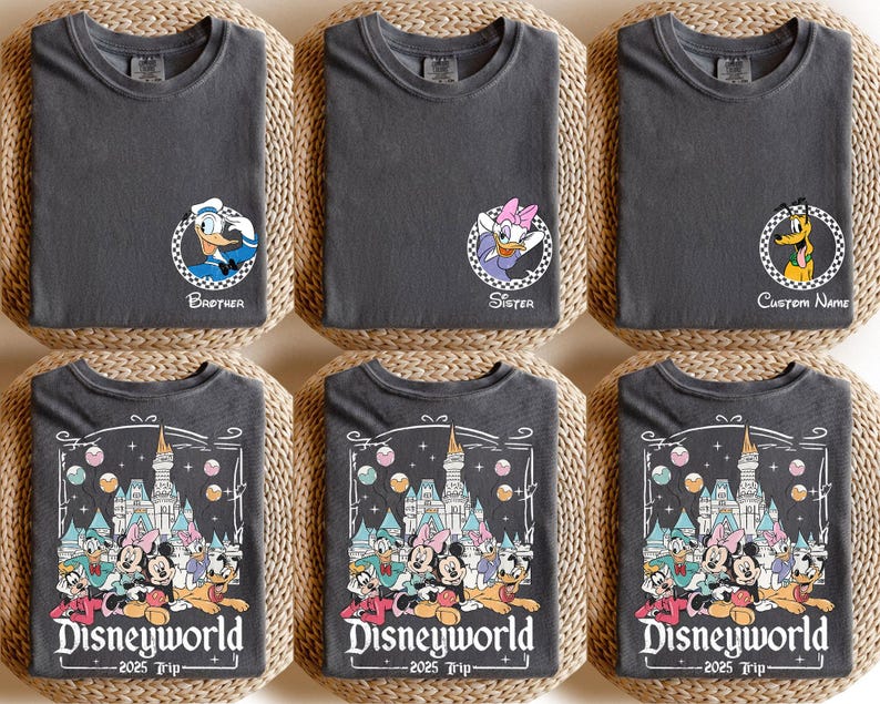 May include: Set of six gray t-shirts with Disney character graphics and text. The shirts feature Mickey Mouse, Donald Duck, Goofy, Pluto, and Minnie Mouse. The text on the shirts reads "Disneyworld - 2025 Trip -" and "Brother", "Sister", and "Custom Name".