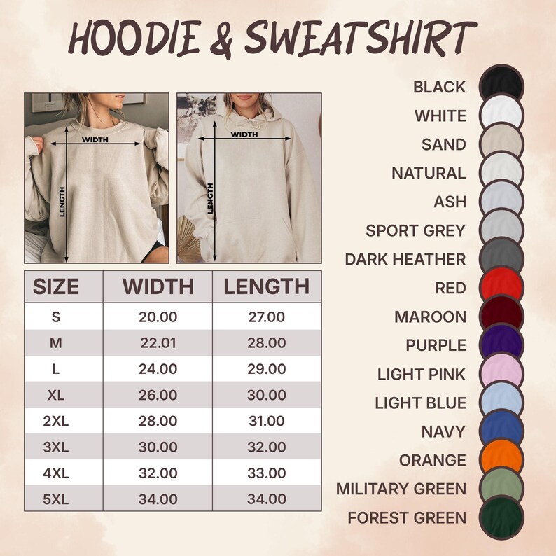 May include: Image showing a size chart for hoodies and sweatshirts. The chart includes measurements for width and length in inches, ranging from size small to 5XL. Color options are listed, including black, white, and navy.