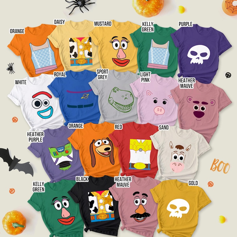 May include: A collection of colorful t-shirts featuring various cartoon character designs. The shirts come in a variety of colors, including orange, yellow, green, purple, and white. Each shirt has a unique graphic, with the word "BOO" visible.