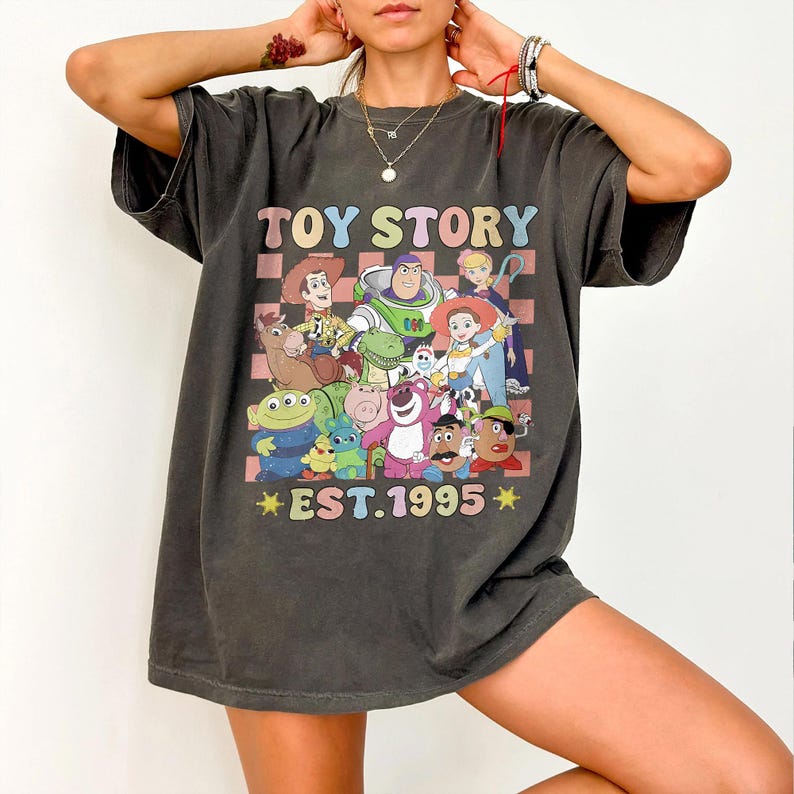 May include: A dark gray t-shirt with a graphic print of the Toy Story characters. The graphic includes Woody, Buzz Lightyear, Jessie, Rex, and other characters. The text "TOY STORY EST. 1995" is printed below the graphic.