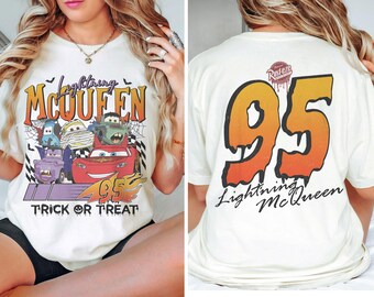 Camiseta retro de Halloween de 2 lados de Rayo McQueen, camiseta de Halloween de Disney Cars, camiseta de Halloween de Disneyland, camiseta de Halloween de McQueen, camiseta de Disney