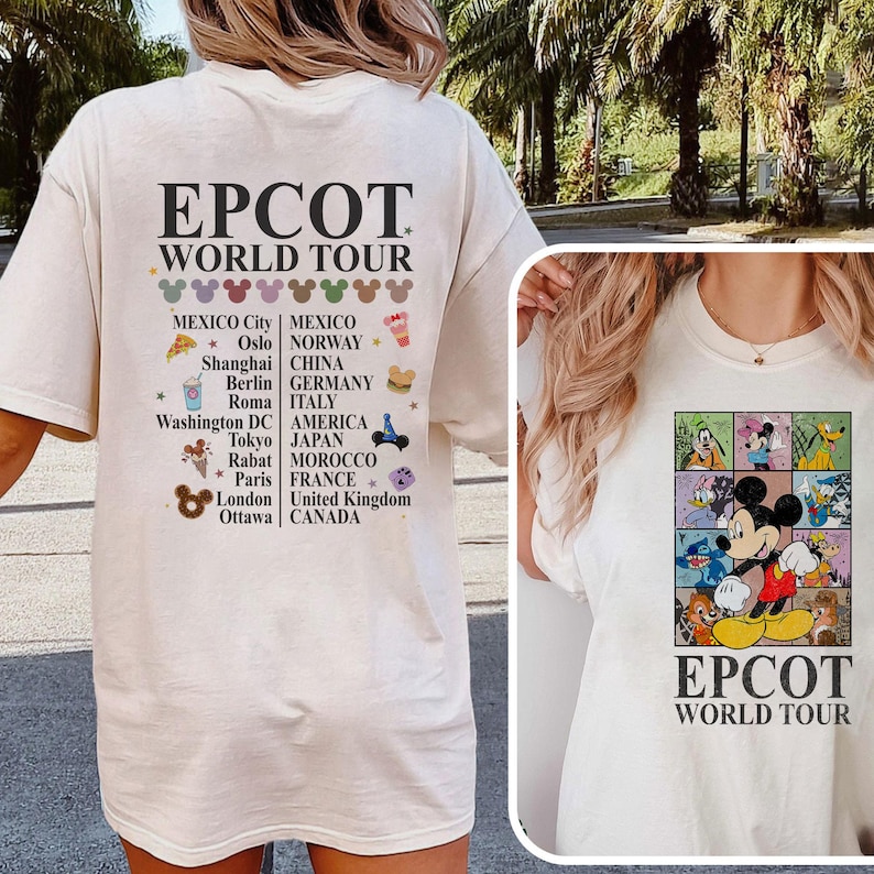 Pode incluir: Camiseta branca com uma estampa gr&aacute;fica do Mickey Mouse e o texto "EPCOT World Tour". O gr&aacute;fico apresenta o Mickey Mouse no centro cercado por v&aacute;rios personagens de diferentes pa&iacute;ses. O texto "EPCOT World Tour" &eacute; impresso abaixo do gr&aacute;fico.