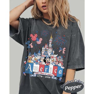 Mickey and Friends Patriotic Disney 4th of July Boxy Tee TShirt, WDW Disney Family 250th Anniversary America, Red White and Blue USA Tee DarkHeather/Pepper