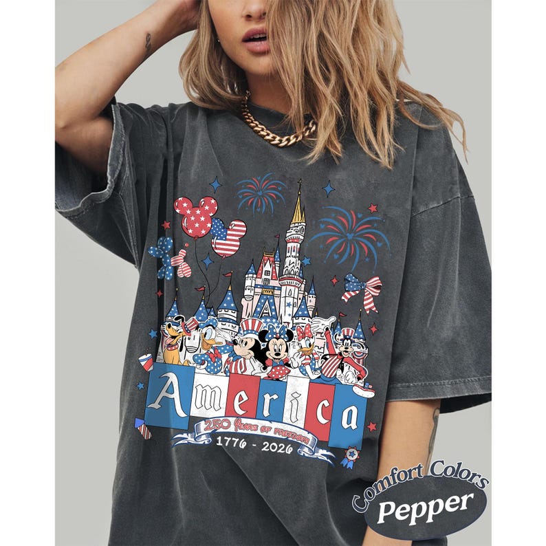 Mickey and Friends Patriotic Disney 4th of July Boxy Tee TShirt, WDW Disney Family 250th Anniversary America, Red White and Blue USA Tee DarkHeather/Pepper
