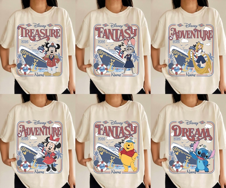 May include: Cream-colored t-shirts featuring Disney characters and cruise ship designs. Each shirt has a different theme: Treasure, Fantasy, Adventure, and Dream. The text "Disney 2026" and "Name" are also printed on the shirts.