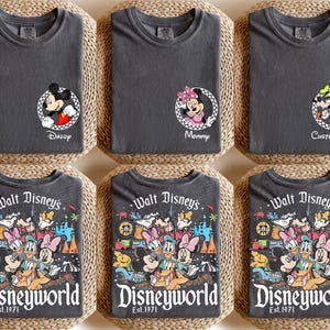 May include: Six dark gray t-shirts. Three shirts have Disney character graphics with the words "Daddy", "Mommy", and "Custom Name". The other three shirts have a colorful Disney World graphic with the words "Walt Disney's Disneyworld Est. 1971".