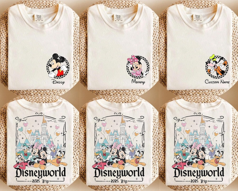May include: Set of three white t-shirts with different Disney character designs. The shirts feature Mickey Mouse, Minnie Mouse, and Pluto. Each shirt has a different text: "Daddy", "Mommy", and "Custom Name". The shirts also feature a Disney World logo with the text "Disneyworld - 2025 Trip - ".