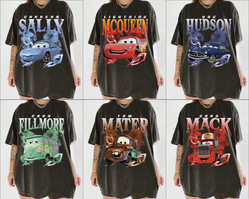 May include: Six black t-shirts with different Cars characters printed on them. The characters include Lightning McQueen, Mater, Mack, Doc Hudson, Sally, and Fillmore.