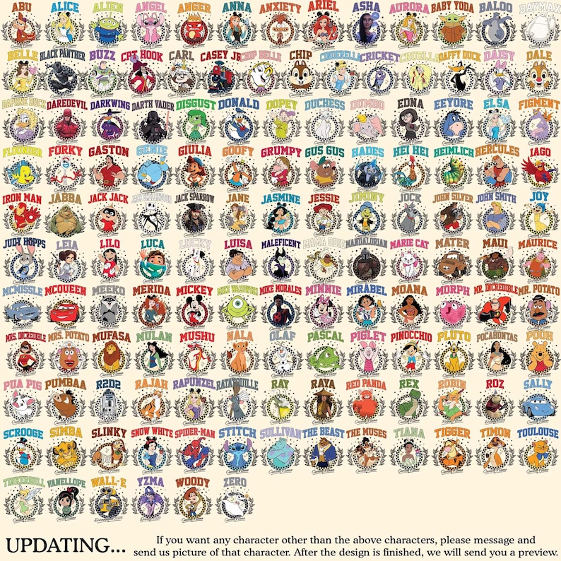 K&ouml;nnte beinhalten: Eine Sammlung von Charakterdesigns, jeweils in einem kreisf&ouml;rmigen Lorbeerkranz. Die Designs zeigen Namen wie "Alice", "Buzz" und "Mickey". Das Bild enth&auml;lt eine Vielzahl von Charakteren aus verschiedenen Franchises mit einer Anfrage nach individuellen Designs.