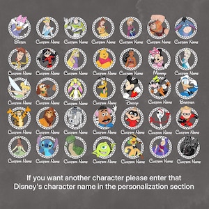 May include: A chalkboard with a grid of 36 circles, each containing a different Disney character. The circles are outlined in white and have a checkered pattern. The characters include Mickey Mouse, Minnie Mouse, Donald Duck, Goofy, Pluto, and many more. The text at the bottom of the chalkboard reads "If you want another character please enter that Disney's character name in the personalization section."