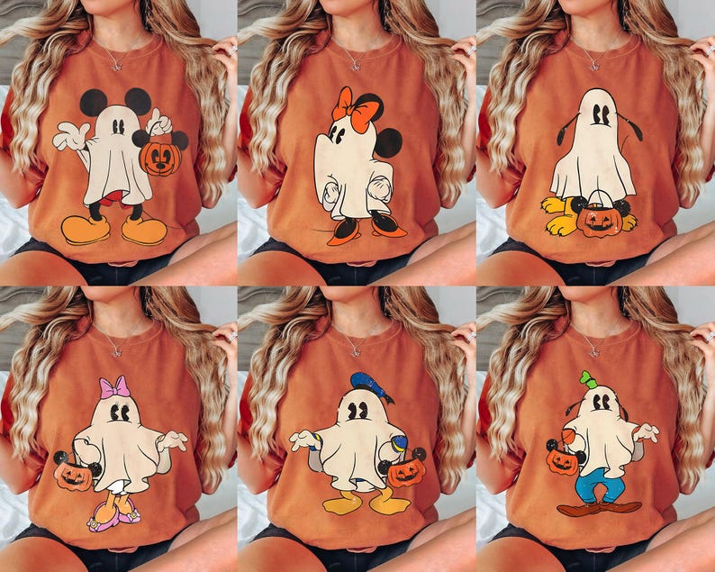 Peut inclure: Six t-shirts orange-brun repr&eacute;sentant des personnages de dessins anim&eacute;s d&eacute;guis&eacute;s en fant&ocirc;mes pour Halloween. Les personnages incluent Mickey Mouse, Minnie Mouse, Pluto et Donald Duck, chacun tenant une citrouille. Les chemises sont de style d&eacute;contract&eacute; et confortable.