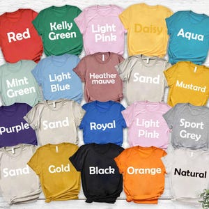 May include: A collection of short-sleeved t-shirts in various colors, including red, green, pink, yellow, and blue. Each shirt displays a color name in white block letters. The shirts are neatly arranged, showcasing a range of hues.