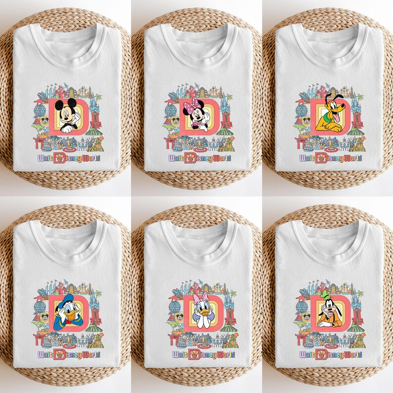 May include: White t-shirts featuring various Disney characters, including Mickey Mouse, Minnie Mouse, Pluto, Donald Duck, Daisy Duck, and Goofy. Each shirt has a colorful graphic with the text "Walt Disney World".