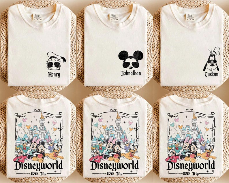 May include: Six white t-shirts with different designs. The designs include a cartoon duck, Mickey Mouse, Goofy, and a group of Disney characters in front of Cinderella's Castle. The text on the shirts reads "Henry", "Johnathan", "Custom", and "Disneyworld - 2025 Trip - "