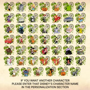 May include: A collection of Disney character designs, each within a Mickey Mouse head-shaped frame with a Halloween theme. The designs include characters like Rapunzel, R2-D2, Winnie the Pooh, and others. Text at the bottom reads: "IF YOU WANT ANOTHER CHARACTER PLEASE ENTER THAT DISNEY'S CHARACTER NAME IN THE PERSONALIZATION SECTION."