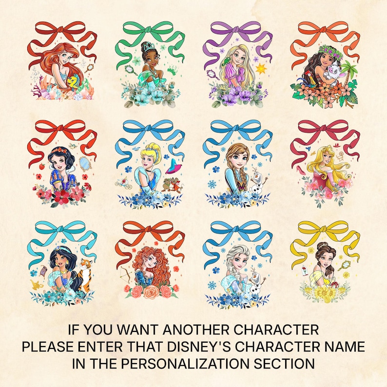 May include: A digital collage of twelve Disney princesses, each with a colorful ribbon bow and floral accents. The princesses include Ariel, Tiana, Rapunzel, Moana, Snow White, Cinderella, Elsa, Belle, Jasmine, Merida, Anna, and Belle.