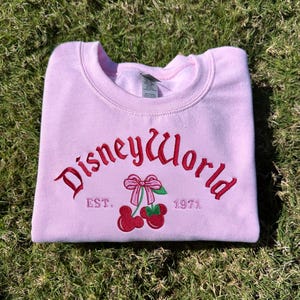Vintage Embroidered Cherry Sweatshirt, Pink Retro Style, Est. 1971 Sweatshirt, Cute Bow Detail, Disneyworld Pink Sweatshirt