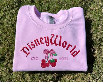 Vintage Embroidered Cherry Sweatshirt, Pink Retro Style, Est. 1971 Sweatshirt, Cute Bow Detail, Disneyworld Pink Sweatshirt