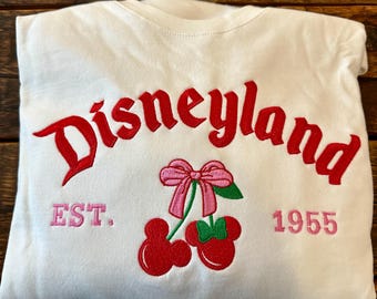 Vintage Disneyland Embroidered Cherry Sweatshirt, Pink Retro Style, Est. 1955 Sweatshirt, Cute Bow Detail, Disneyland Pink Sweatshirt