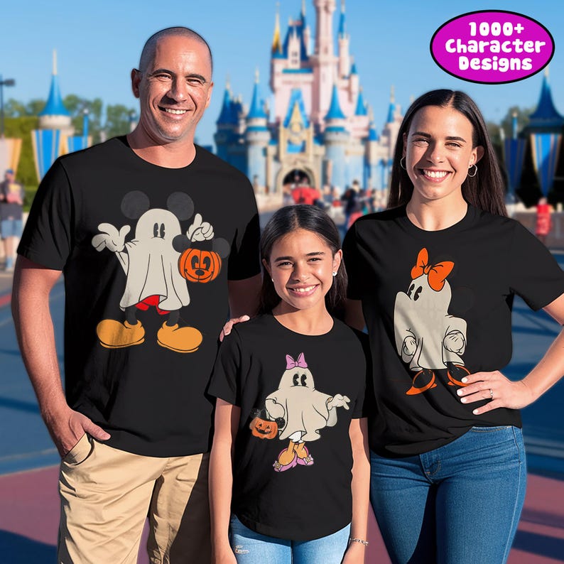 K&ouml;nnte beinhalten: Schwarze T-Shirts mit Halloween-Motiven von Mickey und Minnie Mouse als Geister. Die Shirts zeigen den Text "1000+ Character Designs" in einem rosa Oval. Die Familie posiert vor einem Schloss.